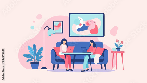 Two women using laptops on a couch in a cozy room