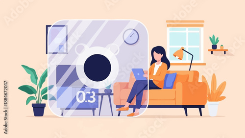 Woman on couch working on laptop with plants and clock in modern room