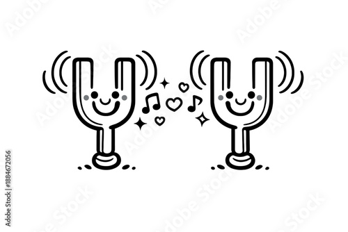 Smiling Tuning Forks. Doodle-style vector icon of mood resonance, two tuning forks standing apart beginning to vibrate in sync,