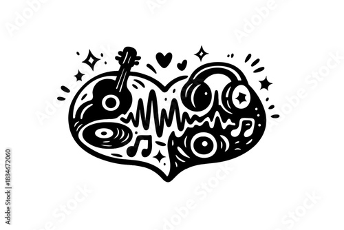 Musical Symbiosis Doodle. Doodle-style vector icon of musical symbiosis, two taste patterns blending into one organic pulsing