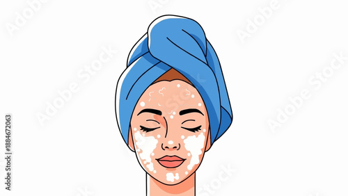 Woman with blue towel on head and white facial mask
