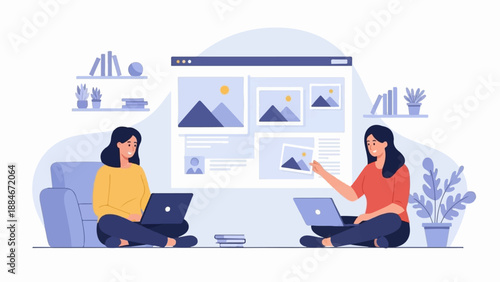 Two women collaborate on a digital project using laptops in a cozy room