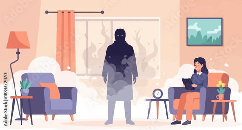 Woman in session with shadow figure of flames and smoke