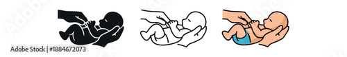 newborn reflex test icon on light background. doctor checking baby reflexes with gentle touch. medical assessment symbol. hands and baby clearly readable