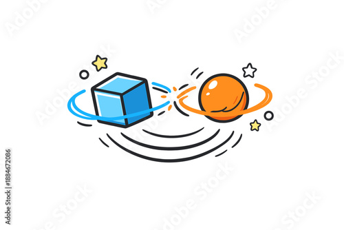 Orbiting Shapes Fusion. Doodle-style vector icon of attachment dynamics, cube and sphere orbiting briefly before merging paths,