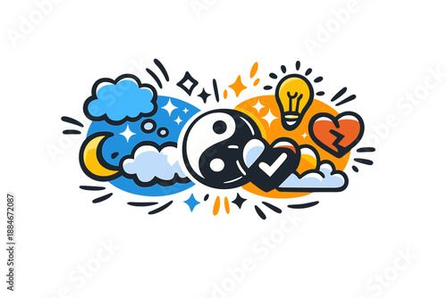 Mutual Understanding Icon. Doodle-style vector icon of mutual understanding, two contrasting symbol sets blending in the center to