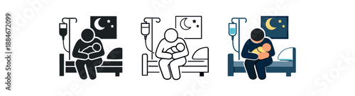 night care with newborn icon on light background. parent holding baby dim hospital room. sleepless night symbol