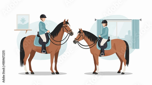 Two riders on horseback in an indoor setting with a window and a picture on the wall