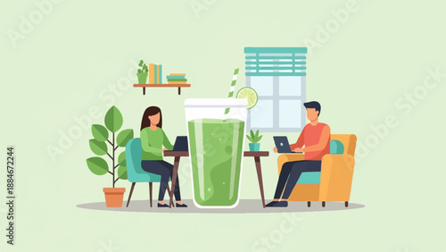 Two people working remotely on laptops beside a large smoothie
