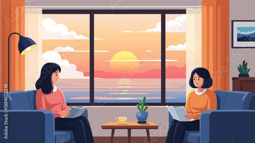 Two women sit indoors reading books by a window with a sunset ocean view