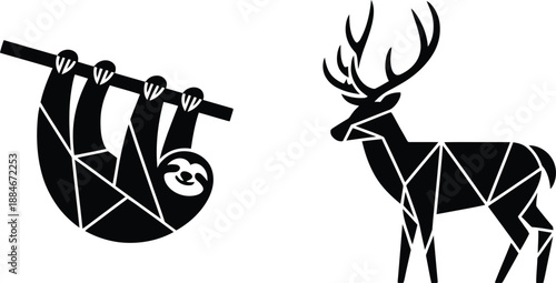 Geometric sloth and deer illustration on white background