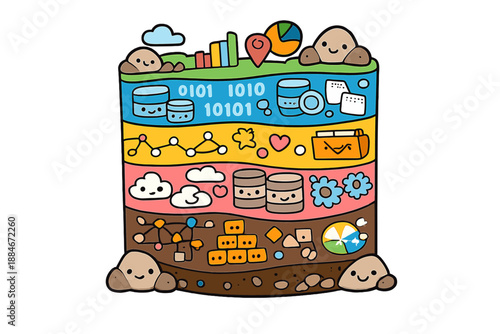 Big Data Geology. Doodle-style vector icon of big data as new geology, a vertical cross-section of earth layers replaced by