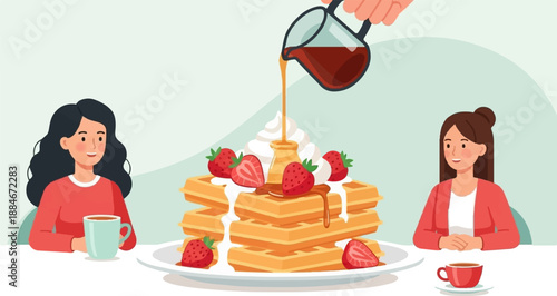 Two women enjoying waffles with strawberries and coffee