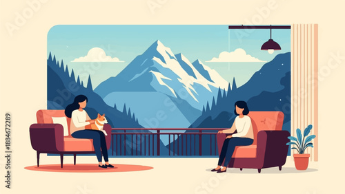 Two women and a dog relax indoors with a stunning mountain vista outside