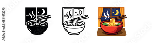 cozy dinner noodle soup bowl chopsticks steam window night outside cozy