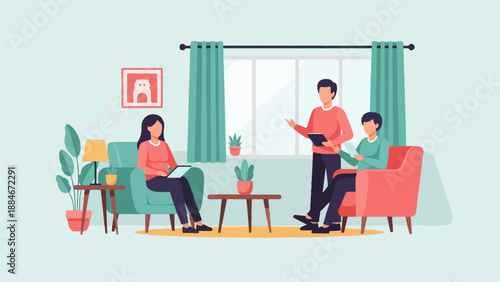 Casual meeting in living room with people collaborating indoors