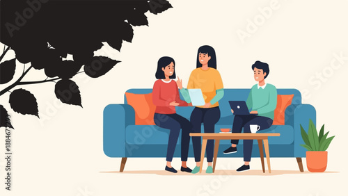 Casual meeting of three colleagues working on laptops on a couch