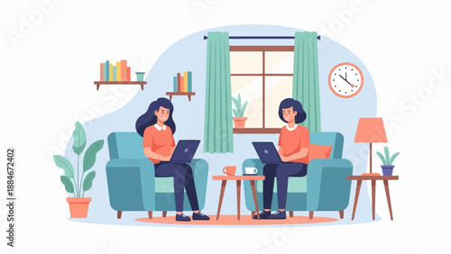 Two women relax on couches working on laptops in a cozy room