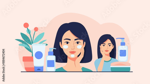 Women applying skincare products, with plant and bottles
