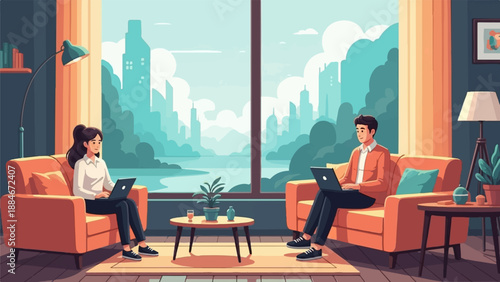 Two people working on laptops from home with a city view
