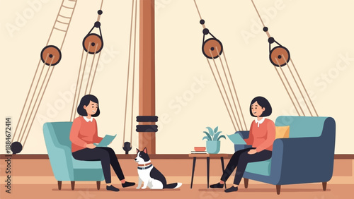 Two women and a dog relax on a ship's deck with nautical rigging above