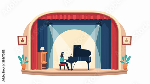 Woman plays piano on stage with spotlight, red and blue curtains