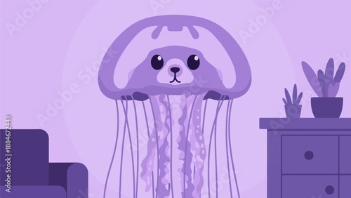 Whimsical jellyfish with a cute animal face floats in a purple room