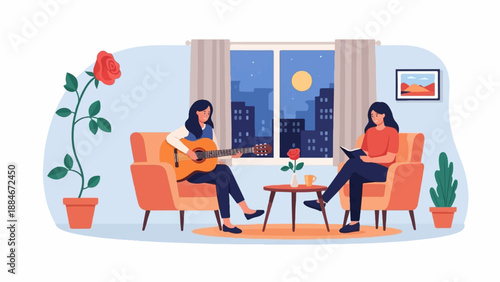 Two women relax indoors at night; one plays guitar, the other reads