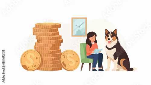 Woman reading paper next to dog and large stack of coins