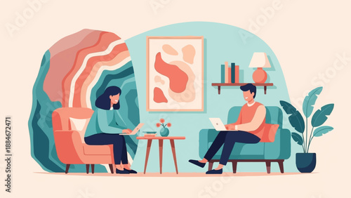 Two people work on laptops in a colorful room with abstract art and plants