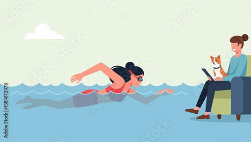Woman swims while person sits with dog, looking at tablet