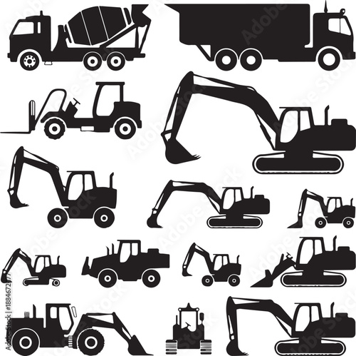 collection of construction vehicles and machinery silhouettes