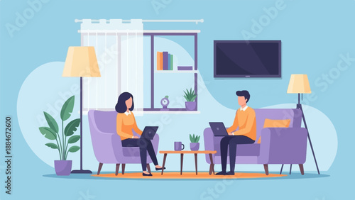 Two people work on laptops in a cozy living room with plants (1)