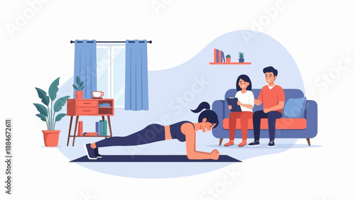 Woman planking while couple watches, indoor scene