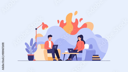 Two people work on laptops in a cozy living room with abstract background