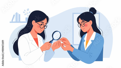 Two women in lab coats examining something small with a magnifying glass