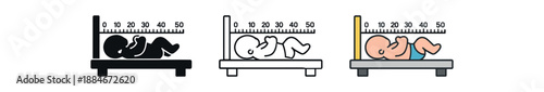 newborn growth measurement icon on light background. baby length being measured on table. growth tracking symbol. scale clearly readable
