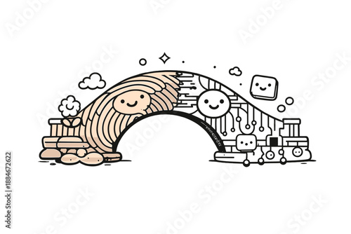 Biometric Bridge Doodle. Doodle-style vector icon of a flesh-to-code bridge, bridge starting as a soft organic fingerprint texture