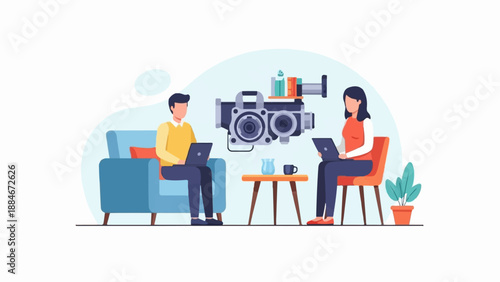 Two people work on laptops in a cozy setting with a large camera in the background