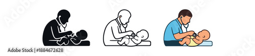 baby health check icon on light background. pediatrician examining newborn with stethoscope. medical care symbol. figures clearly readable