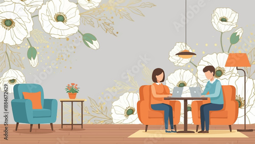 Two people work on laptops in an office with large floral wallpaper