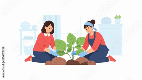 Two women gardening together, planting a green plant in soil