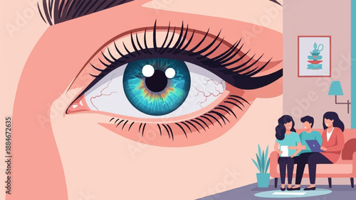 Close up of a human eye, with a family on a couch in the background