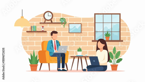 Two people working on laptops in a cozy brick room with plants