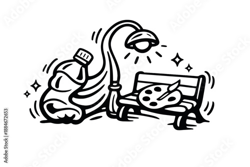 Waste Becoming Art. Doodle-style vector icon of waste turned into art, bottle morphing fluidly into street furniture, joyful