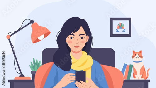 Young woman with dark hair and yellow scarf uses phone, cat nearby