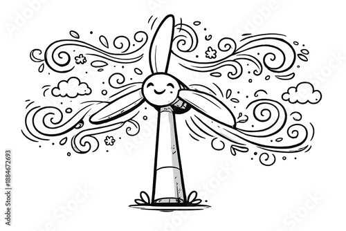 Whimsical Wind Turbine. A playful doodle-style vector illustration of wind that draws: a smiling wind turbine whose spinning