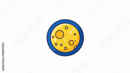 Whimsical yellow celestial body with craters within a blue ring