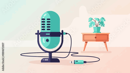 Vintage microphone connected to audio equipment on a table with plant