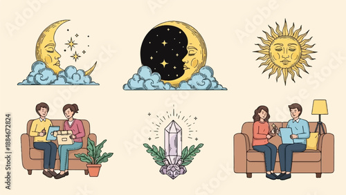 Celestial bodies, people on couches, and a crystal are depicted in a whimsical illustration
